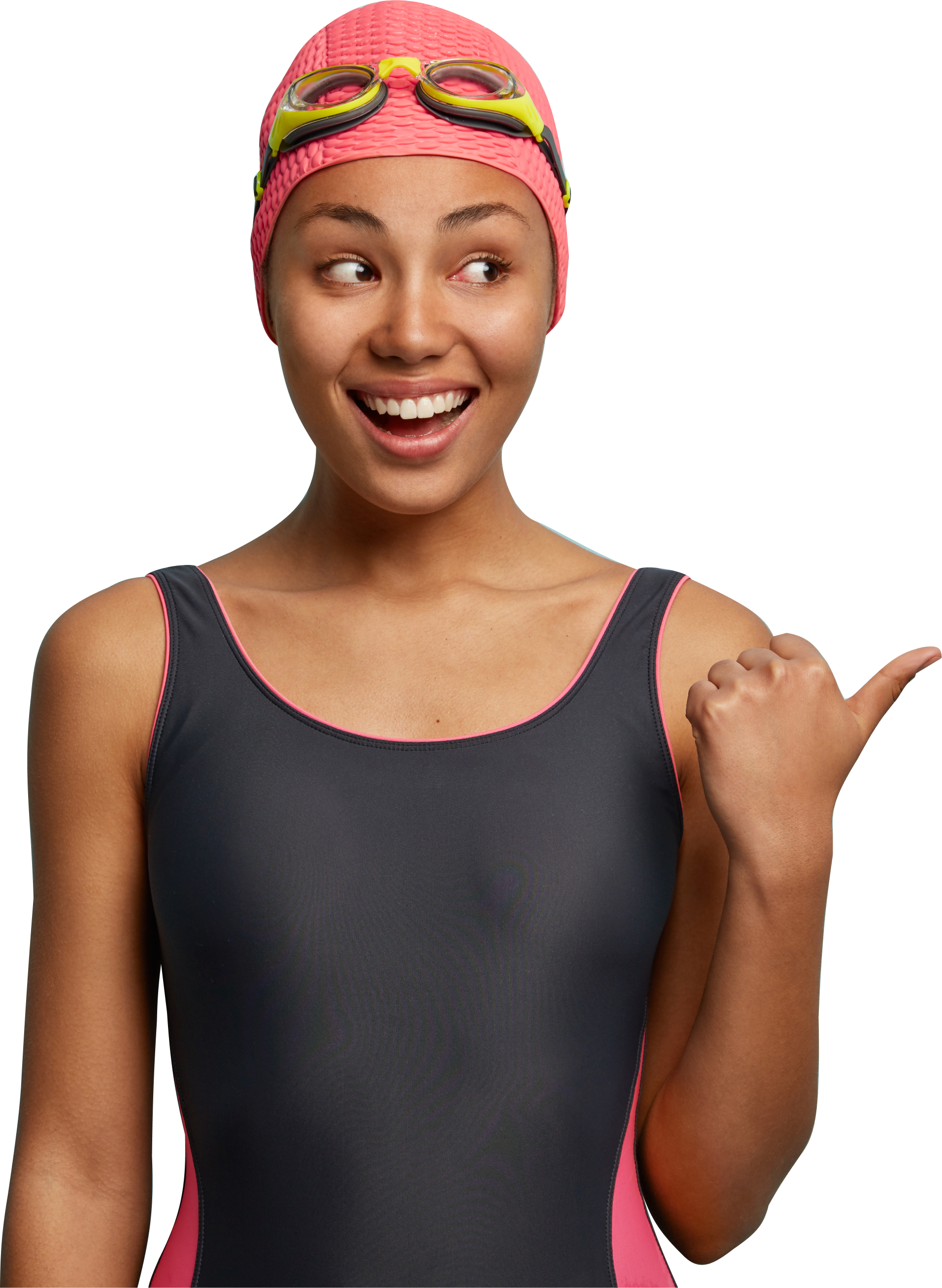 happy dark skinned female with charming smile wears swim-wear points aside with thumb