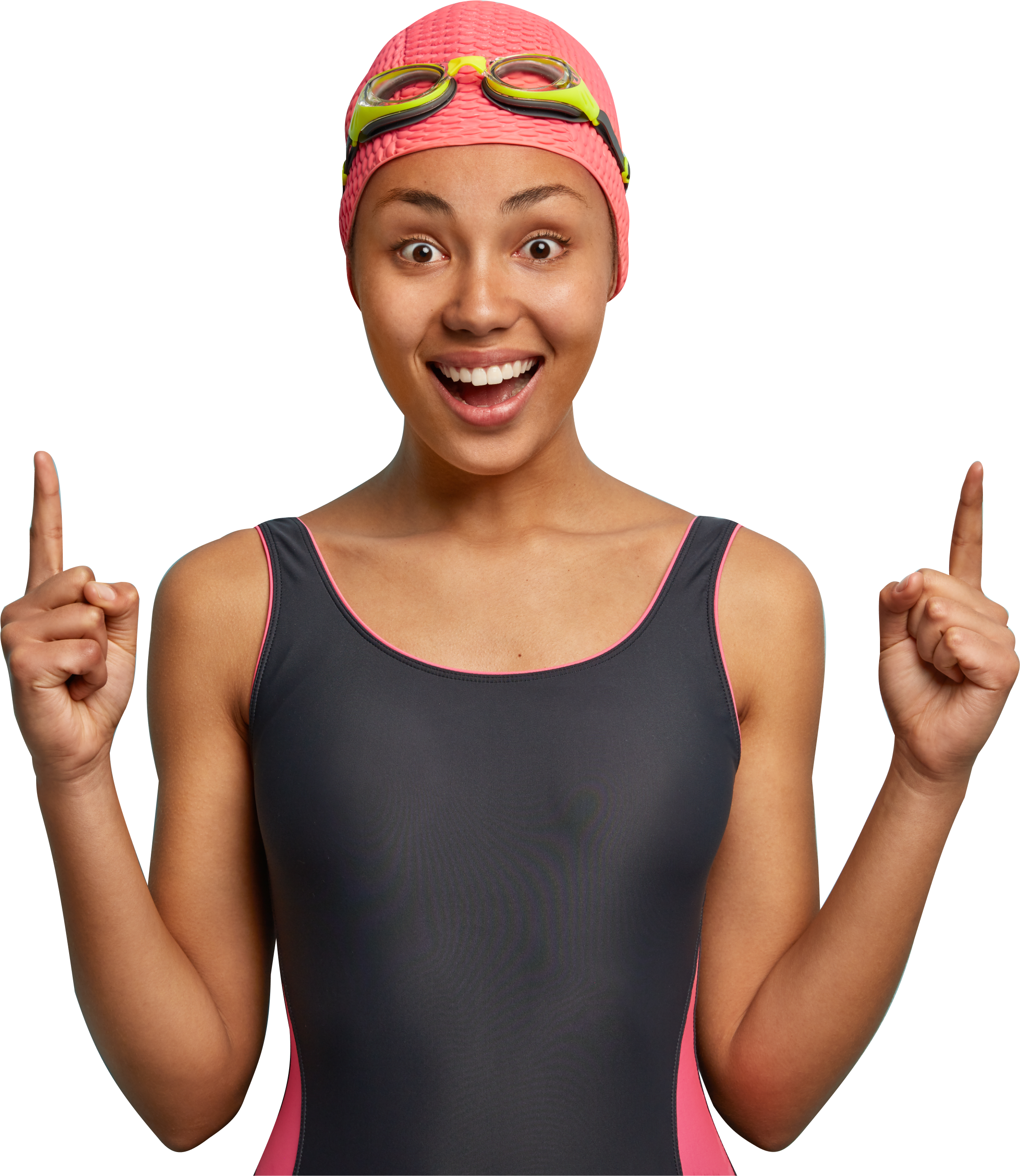 happy dark skinned female with charming smile wears swim-wear points above